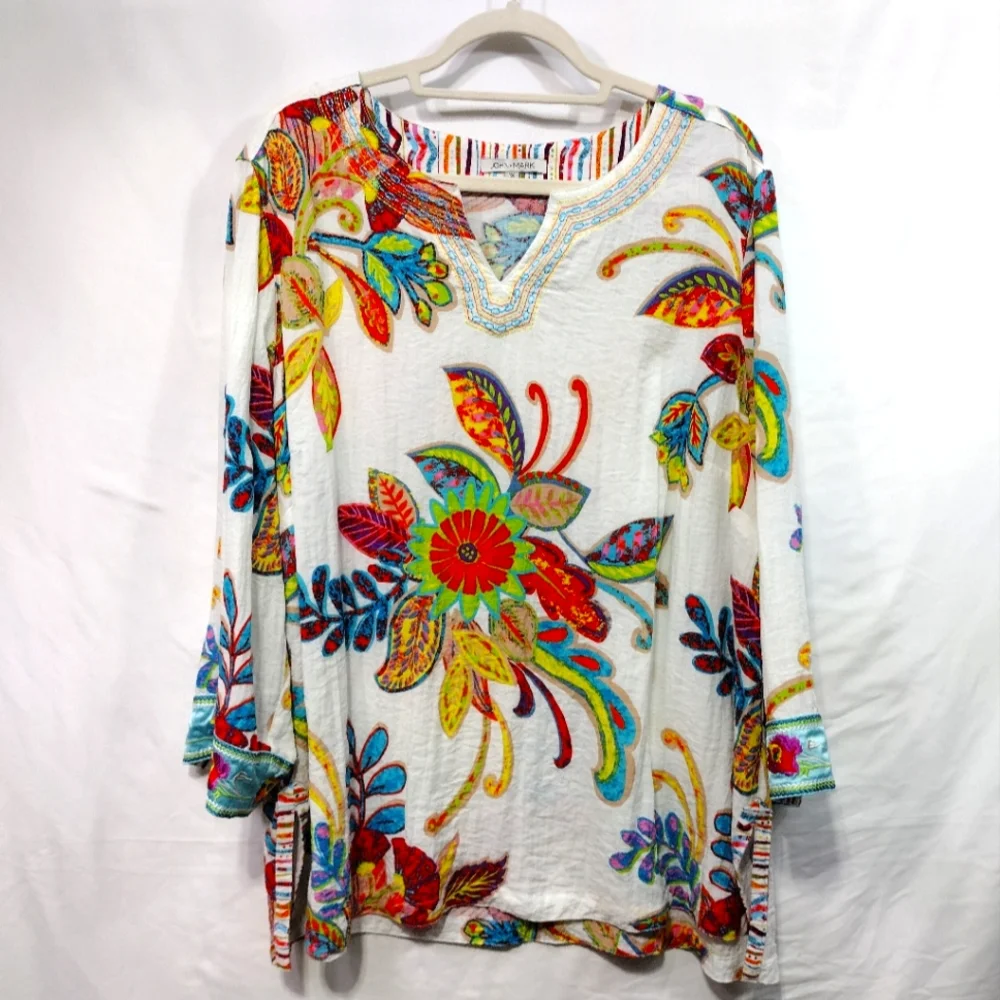 John Mark Floral Tunic Women's XL Embroidery Boho Festival Art to Wear Vacation - Picture 2 of 11